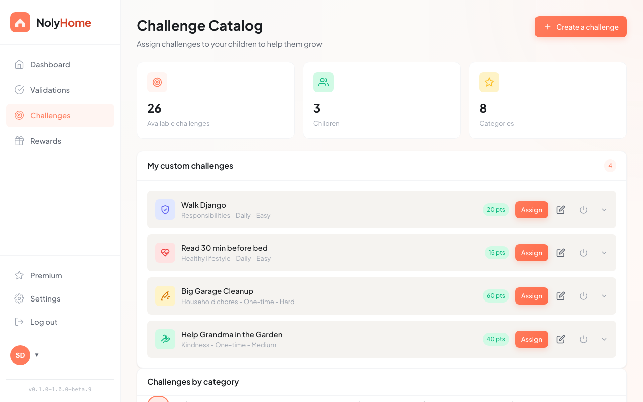 Catalogue de défis NolyHome — liste de défis personnalisés par axe de développement